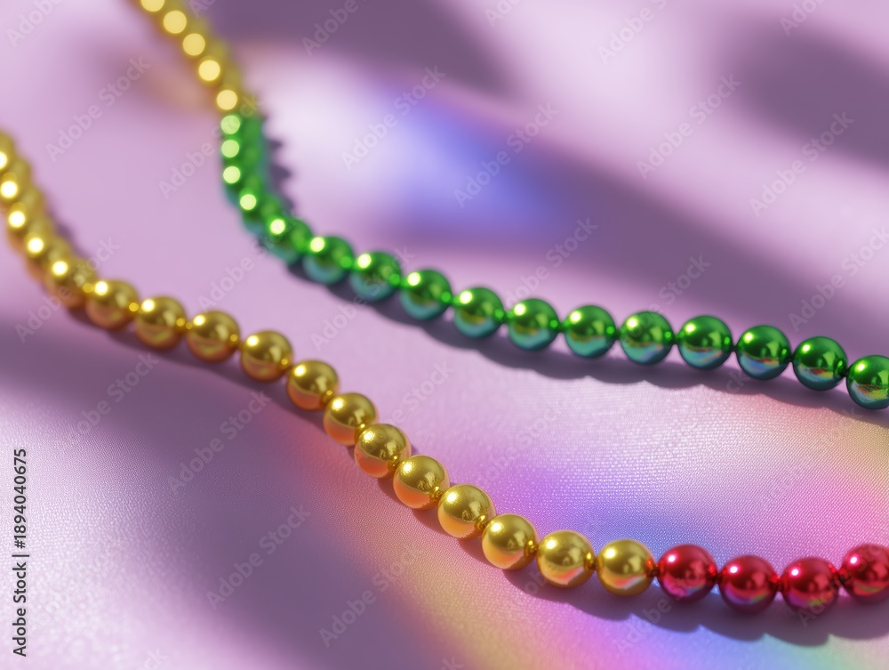 Obraz premium Close up of colorful metallic beads on iridescent purple fabric. Mardi Gras celebration concept. Festive jewelry and party background