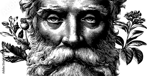 Classical style portrait of middle aged man with vintage botanical elements in black and white