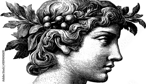 Classical style portrait of a woman with botanical elements in vintage engraving