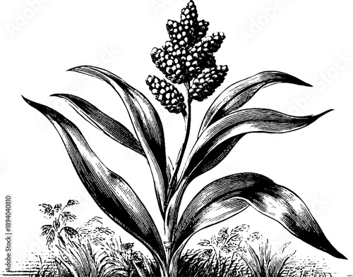 Vintage botanical engraving of millet plant grain crop from 19th century