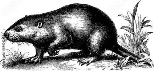 Vintage botanical study of a mole in underground habitat