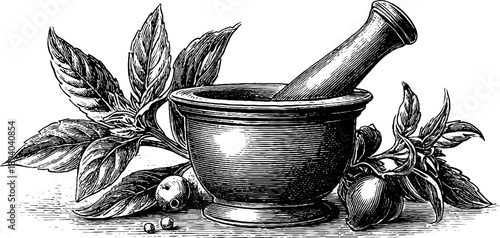 Vintage botanical apothecary mortar and pestle engraving for herbal design