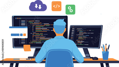 A man sits at a desk with two computer monitors displaying coding screens and various programming symbols floating above him.