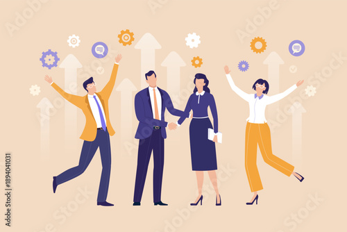 Business Growth Celebration. Business people celebrate success and achievements together, symbolizing growth, teamwork, and positive results of shared effort.