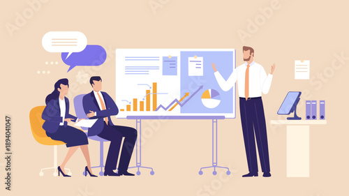 Business Presentation
Concept: A man gives a presentation to colleagues, explaining ideas and data, symbolizing communication, leadership, and professional knowledge sharing.