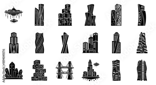 A premium black silhouette icon set featuring twelve original futuristic building and skyscraper architecture concepts, designed to avoid generic city or smart building clichés. Each icon represents
