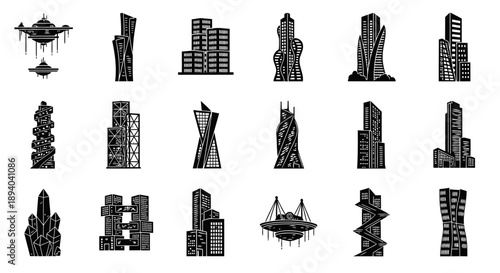 This exclusive collection of twelve black vector icons showcases creative futuristic skyscraper and building designs inspired by advanced technology and modern urban architecture. Featuring symbolic