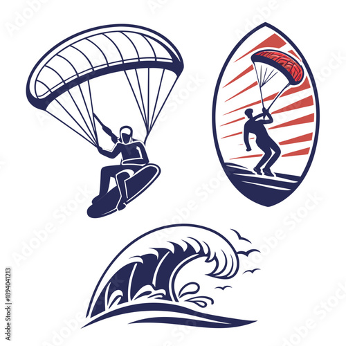 Adventure Sports Icons: Paragliding and Surfing Fun