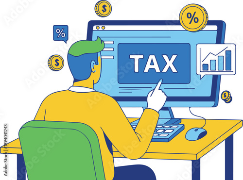 A man sits at a desk in front of a computer with a tax screen and calculates his taxes with a concerned expression