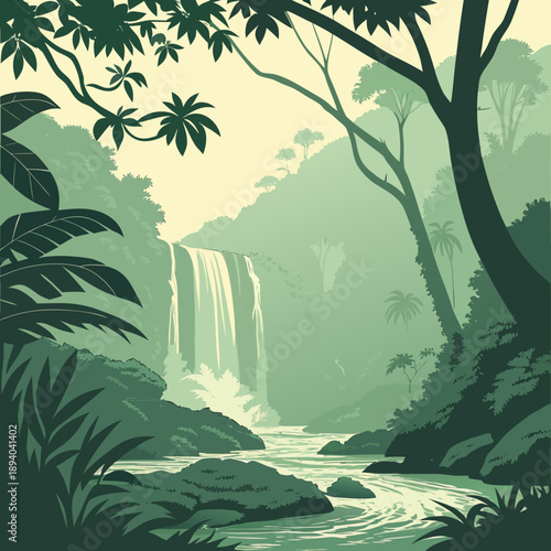 Tropical Forest Waterfall Landscape with Lush Foliage