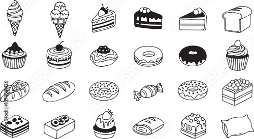 A collection of various sweet and savory baked goods and desserts in a simple line drawing style