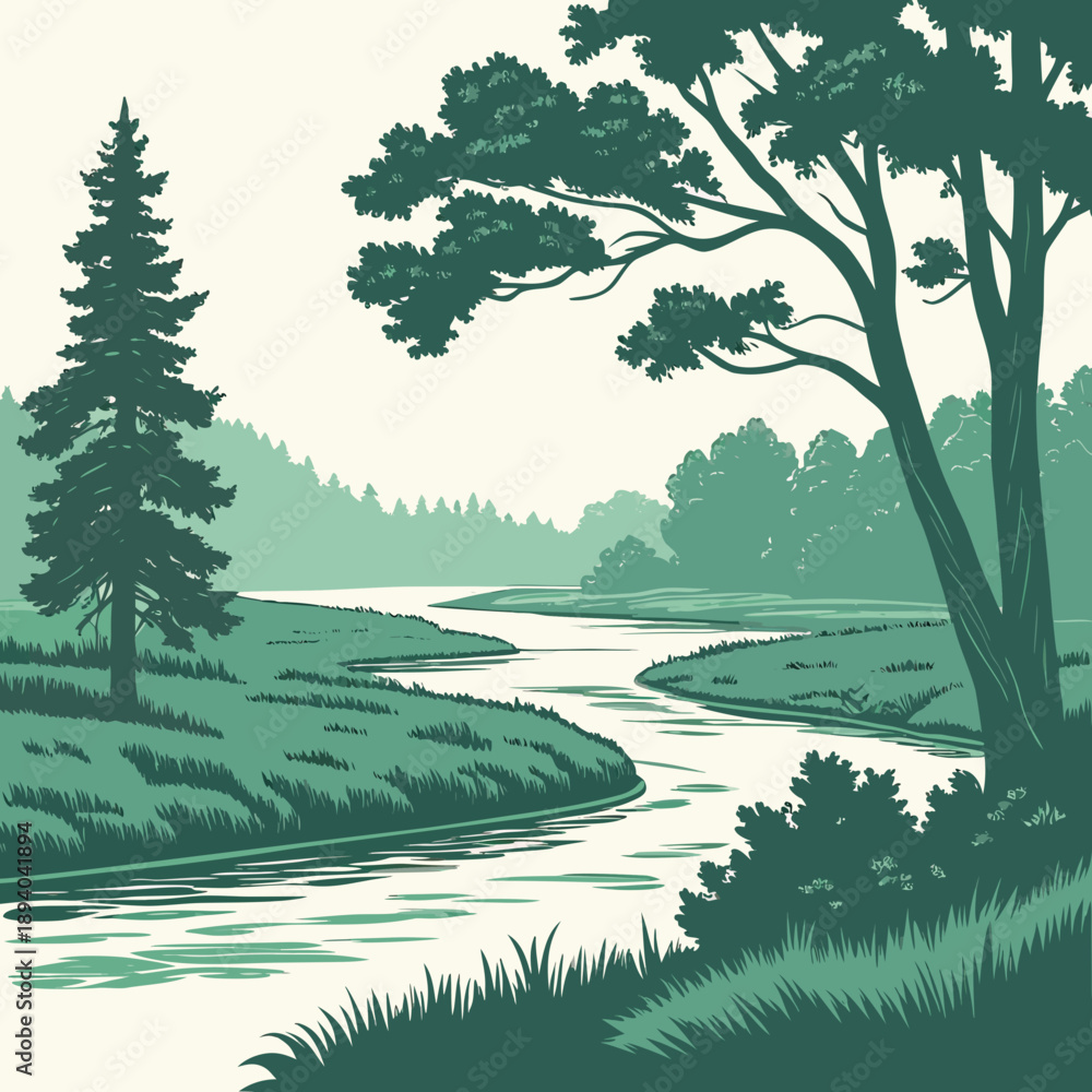 Fototapeta premium Flat Vector River Landscape with Green Banks and Trees