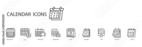 calendar icons set outline and Flat Style,transparent background