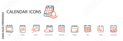 calendar icons set outline and Flat Style,transparent background