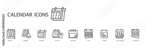 calendar icons set outline and Flat Style,transparent background