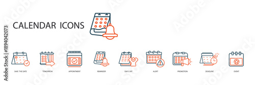 calendar icons set outline and Flat Style,transparent background