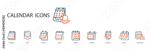 calendar icons set outline and Flat Style,transparent background