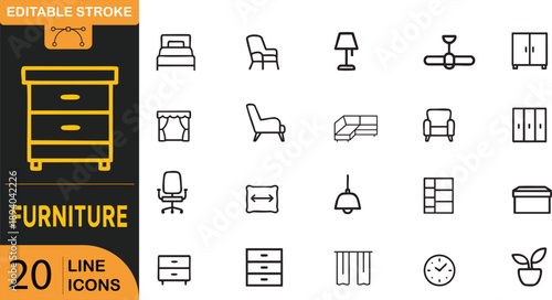 set of furniture icons in line style on white background