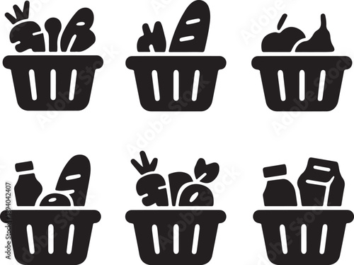 Diverse grocery shopping baskets filled with fresh produce and essential food items