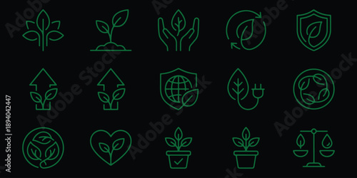 Green line art icons representing nature, growth, and environmental protection