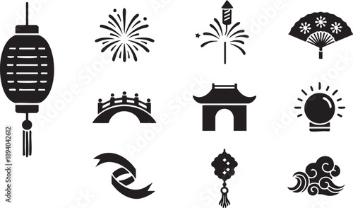 Chinese New Year festival icons set with lanterns fireworks and traditional elements