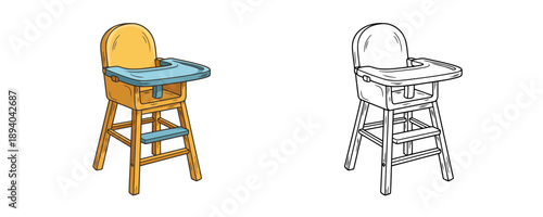 Wooden baby high chair with blue tray in cartoon vector style using yellow and teal colors representing furniture for infant feeding and nursery equipment