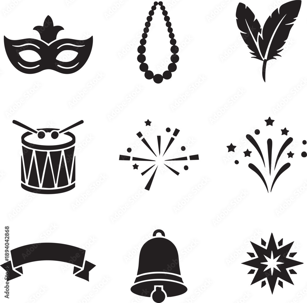 Naklejka premium Carnival party icons set with mask feather and bell