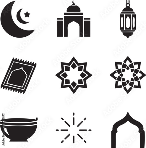 Islamic ramadan eid al fitr symbols icons set
