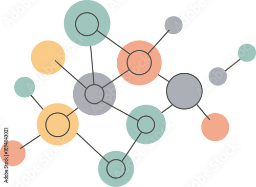 Molecular structure diagram with colorful nodes and connections isolated on transparent background