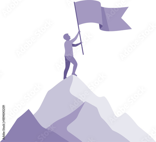 Person standing on mountain peak waving a flag isolated on transparent background
