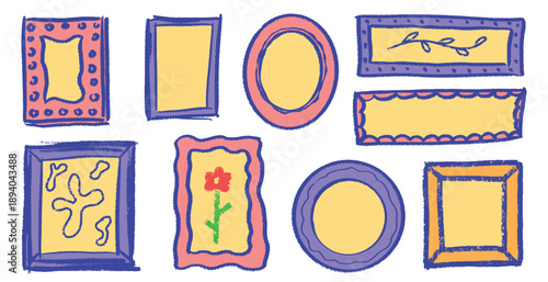 Cute grunge frames for your design. Colourful childish simple elements. Brush made hand drawn collection. Pastel summer looking retro decorative element.