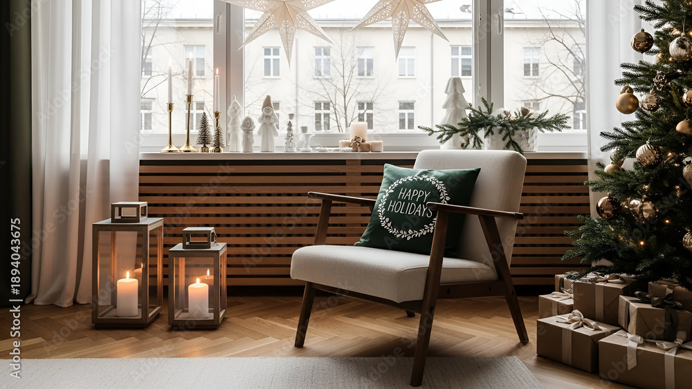 Fototapeta premium Cozy Christmas room with chair and tree by window