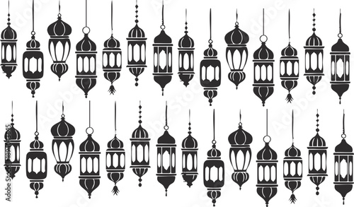 Elegant collection of hanging ramadan lanterns in black silhouette perfect for islamic celebrations eid mubarak and cultural designs with traditional arabic aesthetics