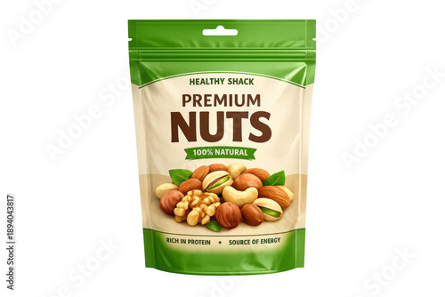 Premium nuts snack bag packaging mockup with transparency