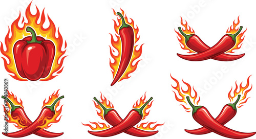 Fiery Chili Pepper and Bell Pepper Illustration Set with Flames for Spicy Food Branding, Hot Sauce Labels, Heat Icons, and Bold Graphic Designs