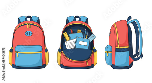 Set of three backpack illustrations showing the front view, interior with school supplies, and side profile in a red and blue color scheme.