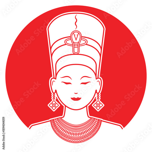 Line art illustration vector of beautiful Nefertiti ancient Egypt queen with snake crown and necklace drawing in red and white