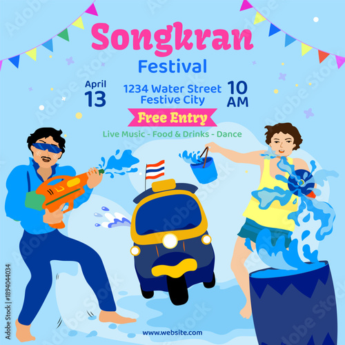 Songkran music festival in Thailand, playing Songkran water splash for fun, poster design