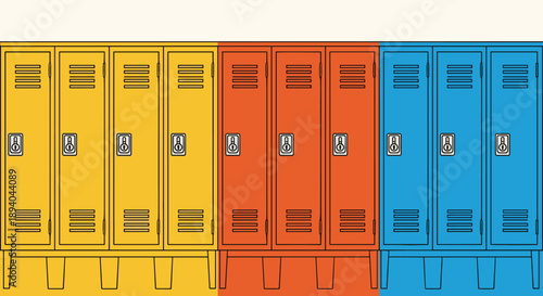 Colorful row of school lockers in bright yellow, vibrant orange, and cool blue shades used for student storage in an educational hallway.