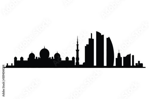 A striking black silhouette of a modern city skyline against white
