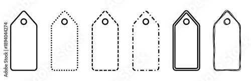 Set of blank price tag outlines with various border styles including solid, dotted, dashed, and hand-drawn lines, presented as a minimalist black and white icon collection