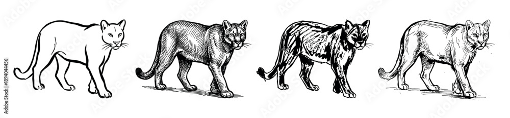Obraz premium Four black and white hand-drawn illustrations of a walking cougar, showcasing a progression of artistic styles from simple line art to detailed cross-hatching and engraving