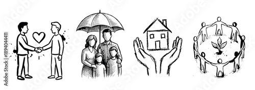 Set of four hand-drawn icons illustrates concepts of insurance, community, and family care in a black and white sketch style with ink splatter details