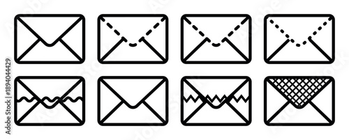Set of eight black envelope icons with different flap designs, including solid, dashed, dotted, wavy, and zigzag lines, representing various communication concepts