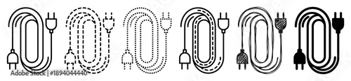 Set of six electrical cord icons with two-pin plugs, presented in various black graphic styles including outline, dashed, dotted, hand-drawn sketch, and solid silhouette