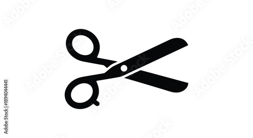 A stark black icon depicts a pair of open scissors resting diagonally showcasing a bold silhouette high quality professional detailed