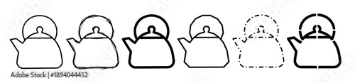 Collection of six teapot line art symbols demonstrating various drawing techniques from simple and bold to sketchy, geometric, dashed, and stencil for a versatile icon set