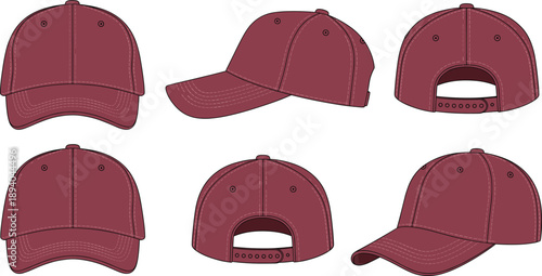 Baseball Cap Mockup Illustration Set Showing Front, Side, and Back Views for Apparel Design, Fashion Presentation, and Headwear Branding Projects