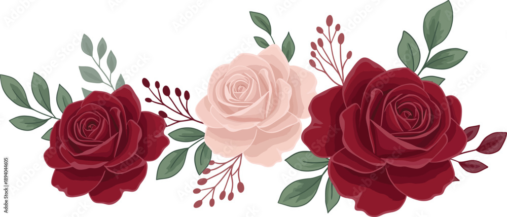 Naklejka premium Three roses with green leaves on white background floral arrangement