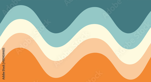 Retro style groovy background featuring a repeating wavy pattern in a color palette of teal, cream, peach, and vibrant orange tones.